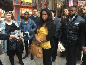 Caprice Williams speaking to members of the press following the meeting with Gov. Rauner.