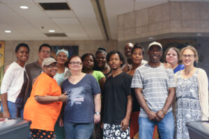 Speakers Bureau at its annual retreat, July 29. Far left, Jayme Robinson, and far right, Hannah Willage.