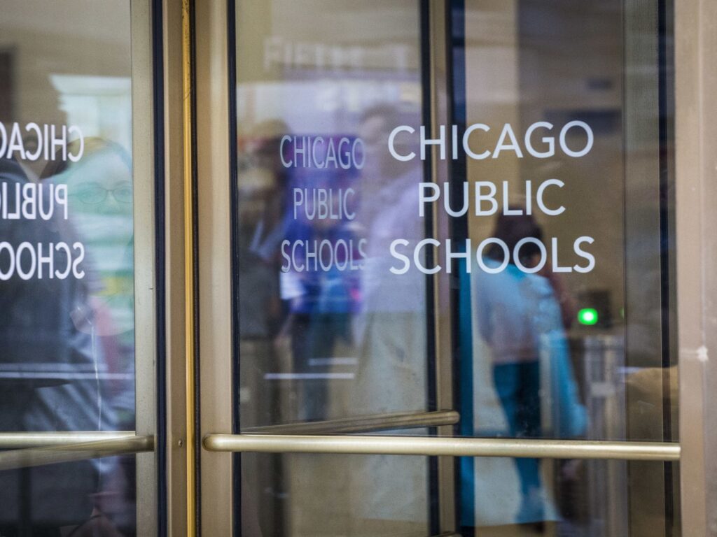 Glass door with the words "Chicago Public Schools"