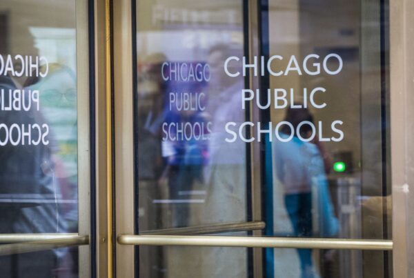 Glass door with the words "Chicago Public Schools"