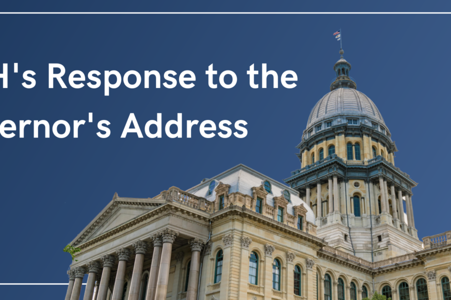 Illinois state building sits on a dark blue background with white text above it that reads "CCH's Response to the Governor's Budget Address