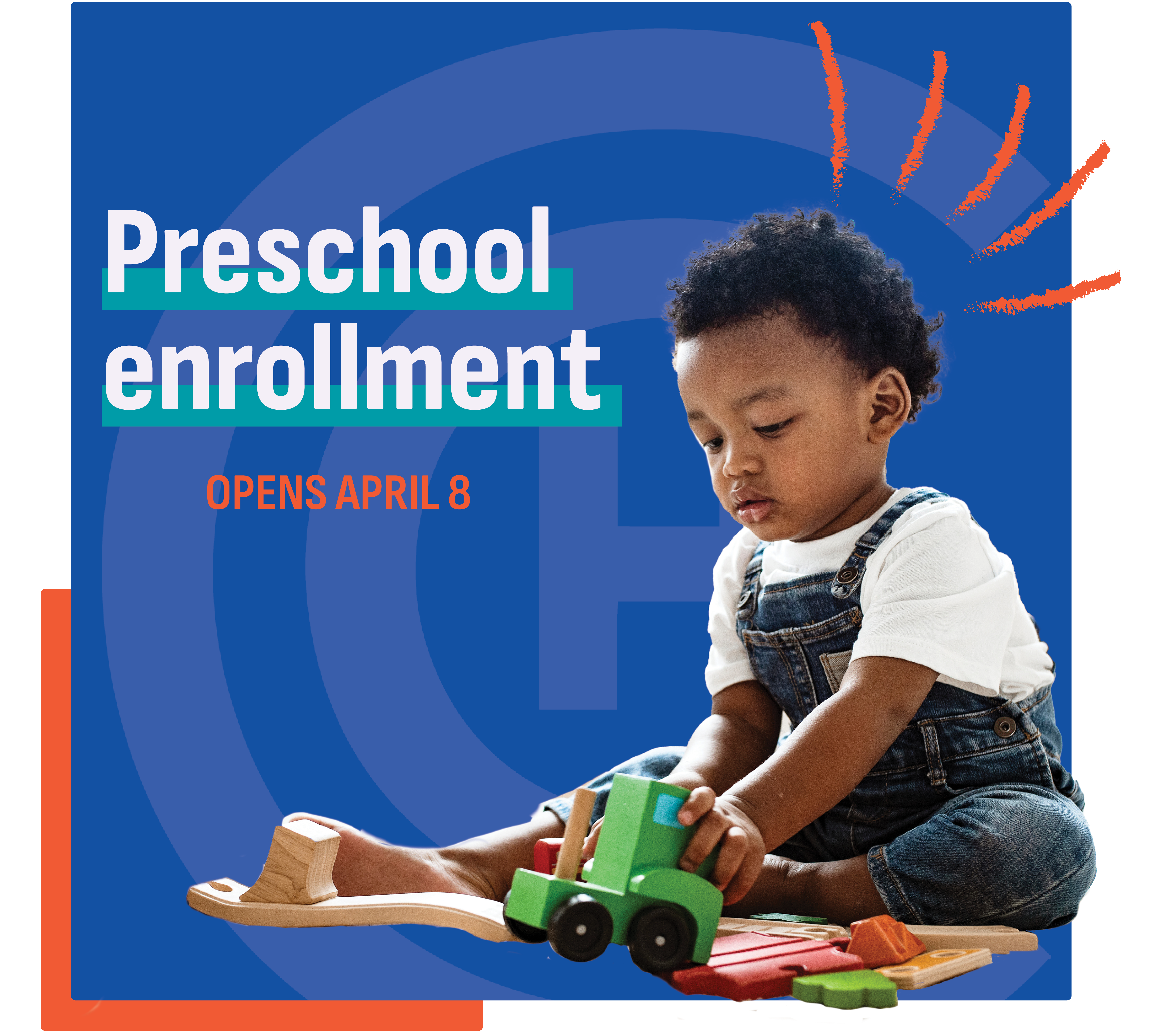 A graphic with a child playing with trains and the words "Preschool enrollment".