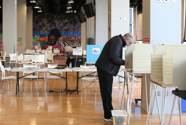 A voter casts their vote in the 2023 Mayoral Election at the Conway Center at Columbia College Chicago in Chicago’s South Loop on Tuesday, Feb. 28, 2023.