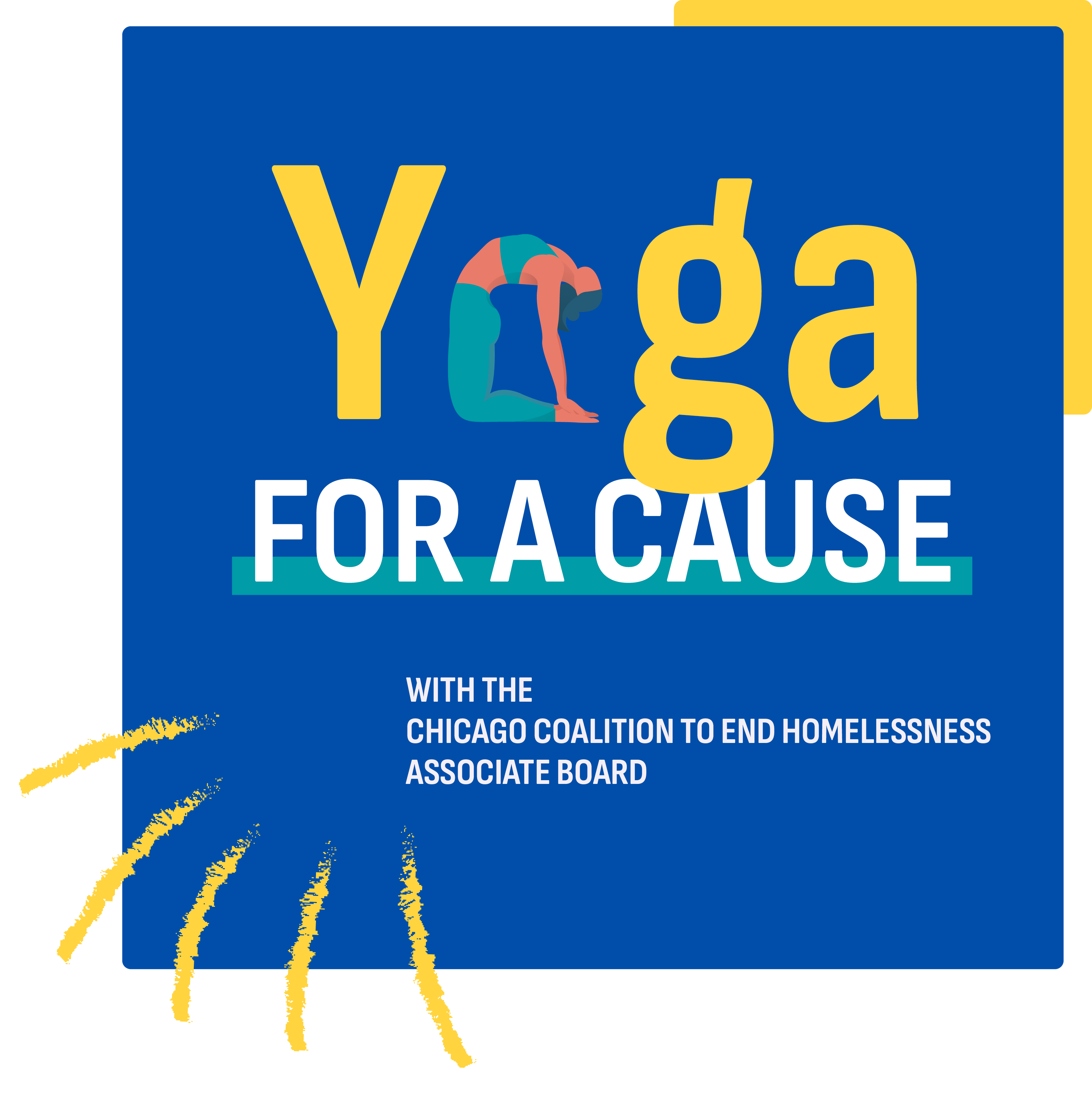 A blue and yellow graphic with the words Yoga for a Cause. The O in yoga is made by a cartoon figure in camel pose.