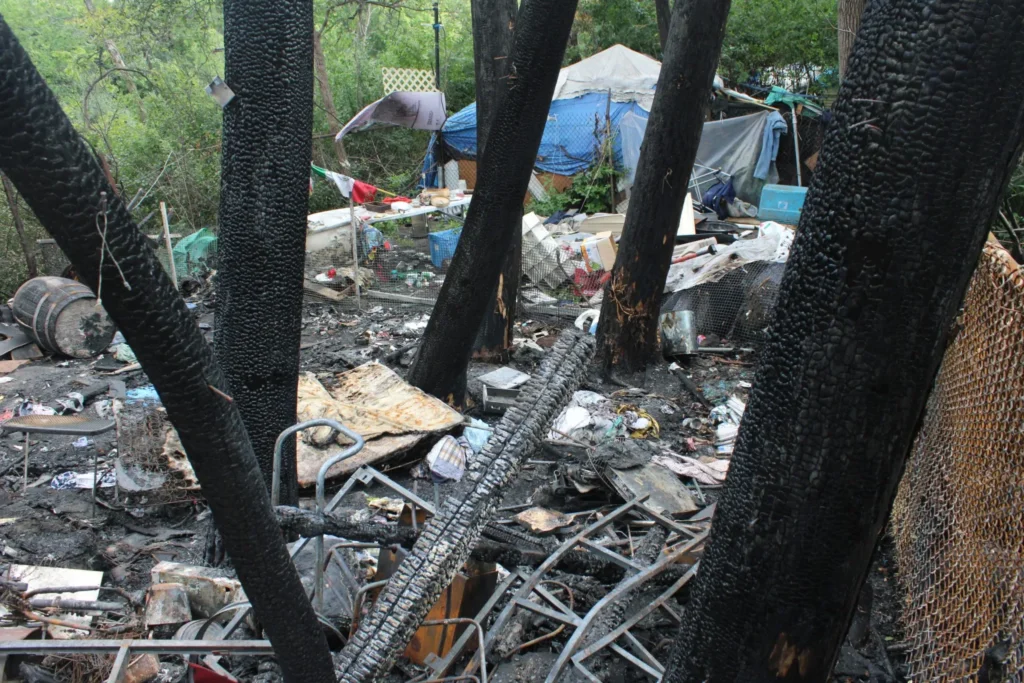 Debris in a wooded area with a tent and bushes visible in the background