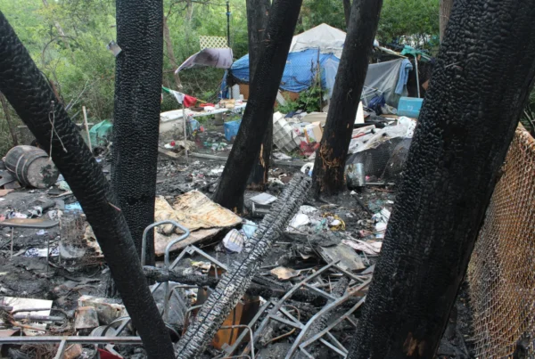 Debris in a wooded area with a tent and bushes visible in the background