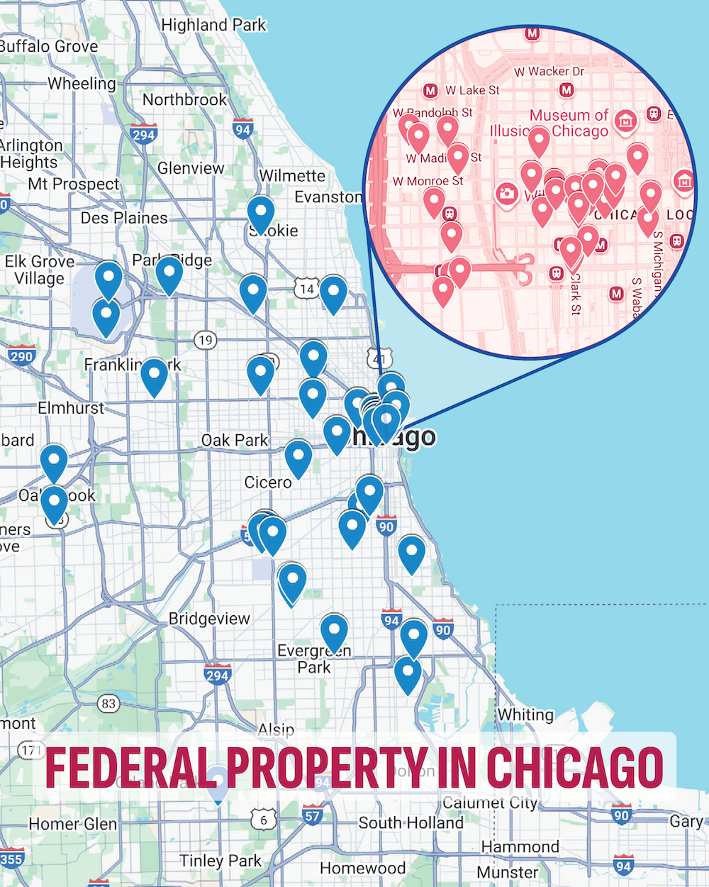 Federal Property in Chicago graphic with an area of downtown Chicago Highlighted.